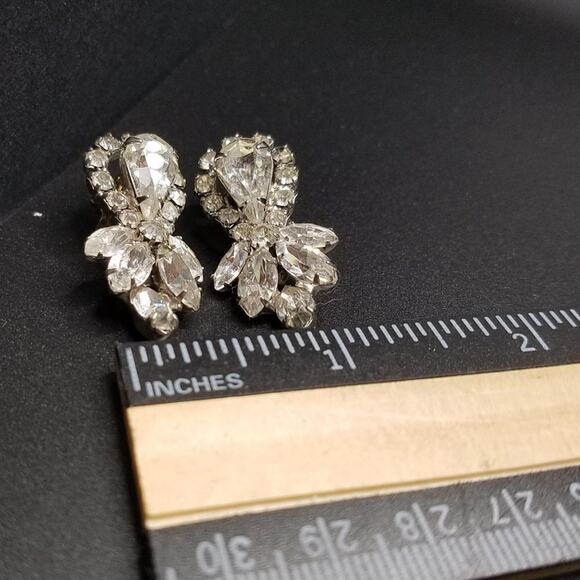 Vintage Clear Rhinestone Clip Earrings, Wedding Formal, Rhodium Plate, 1 1/2 In. - Picture 7 of 8